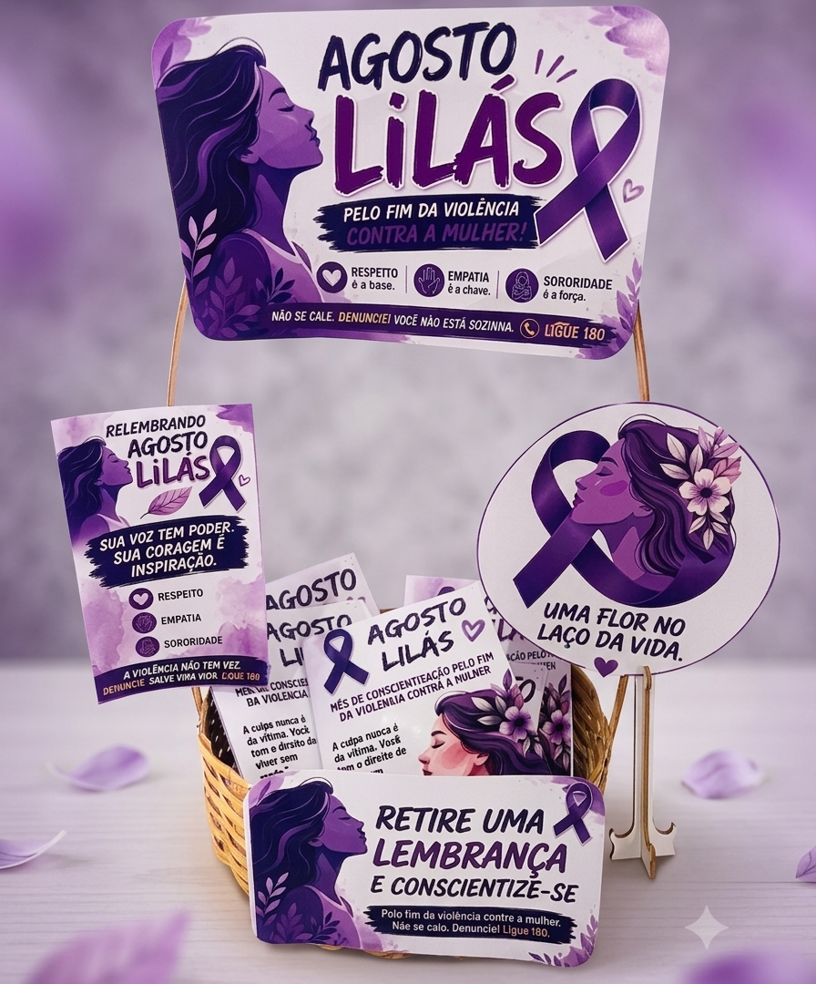 Cesta Agosto Lilás - com bloco de anotação - Pelo Fim da Violência Contra a Mulher